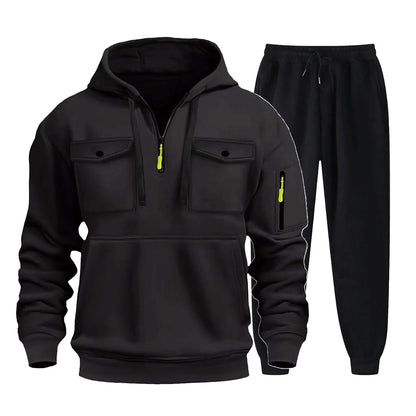 2025 new autumn/winter men's multi pocket zipper hooded sweatshirt+sports pants two-piece jogging and leisure fitness suit set.