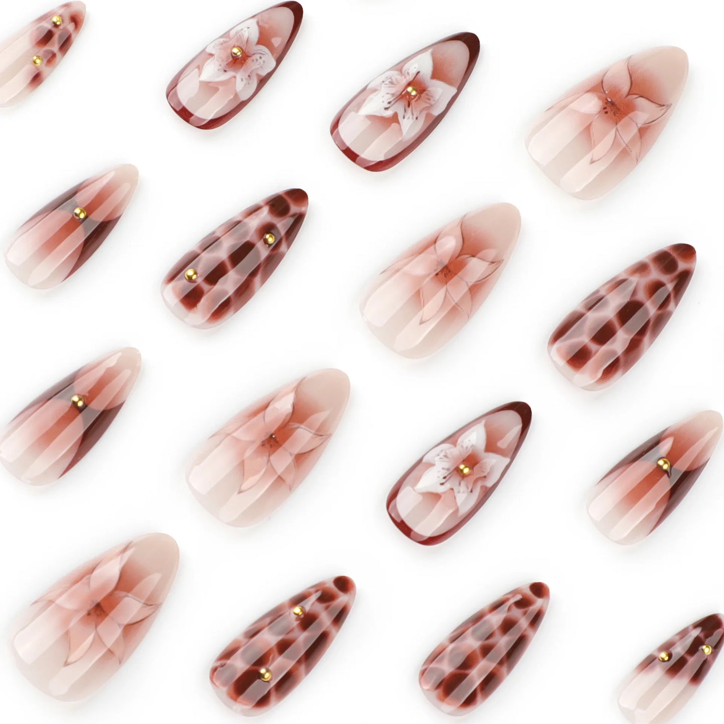 24pcs Retro Almond Press On Nails Brown Marble Cracks Ice Flower Printed False Nails European Wearable French Style Fake Nail.
