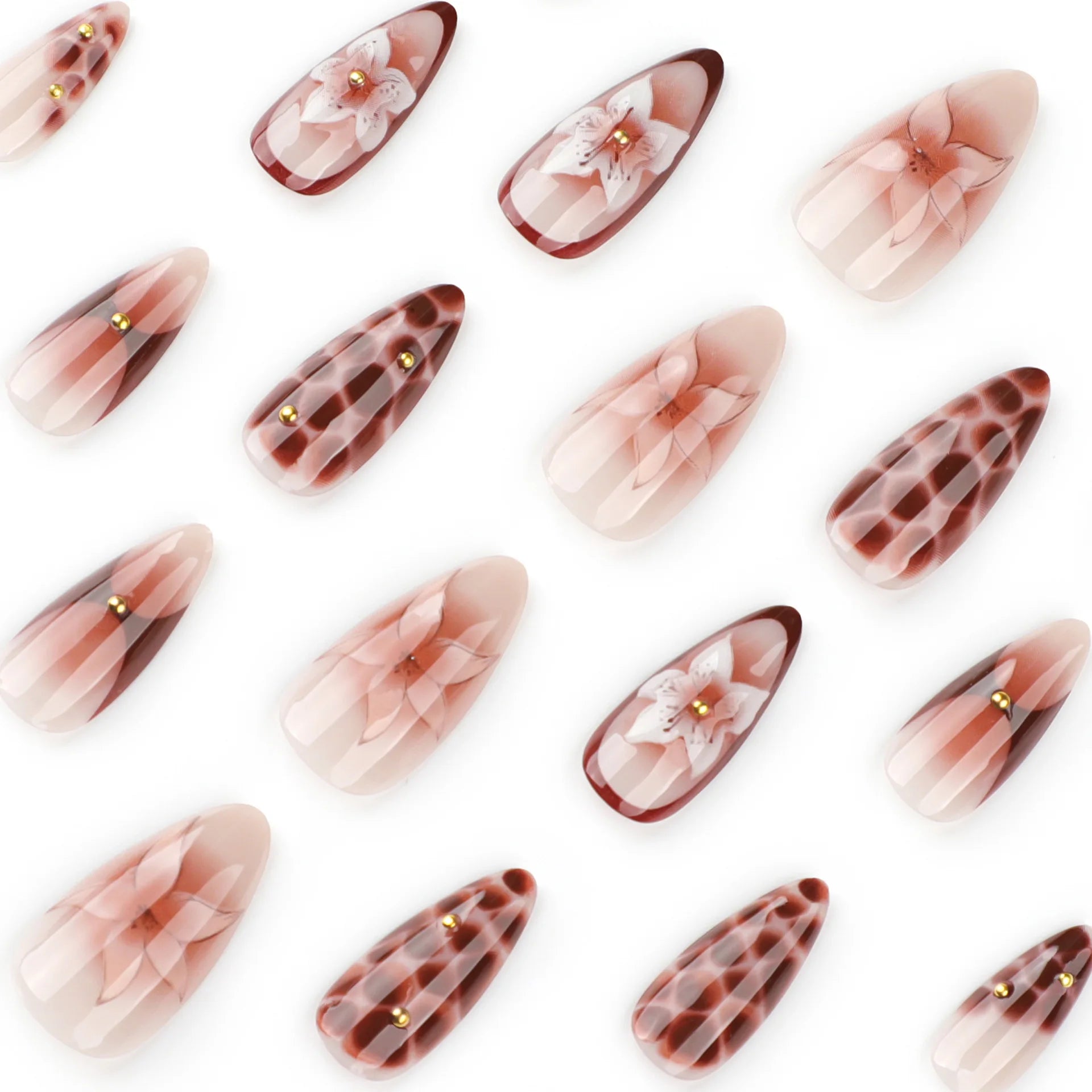 24pcs Retro Almond Press On Nails Brown Marble Cracks Ice Flower Printed False Nails European Wearable French Style Fake Nail.