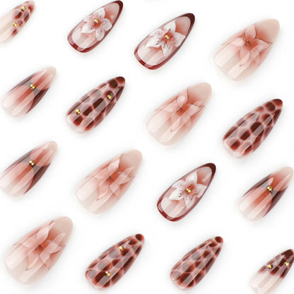 24pcs Retro Almond Press On Nails Brown Marble Cracks Ice Flower Printed False Nails European Wearable French Style Fake Nail.