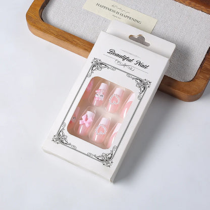 24Pcs Long Square Pink Hello Kitty False Nails French Wearable Full Cover Fake Nails Kitty Cat Bow Heart Design Press On Nails.