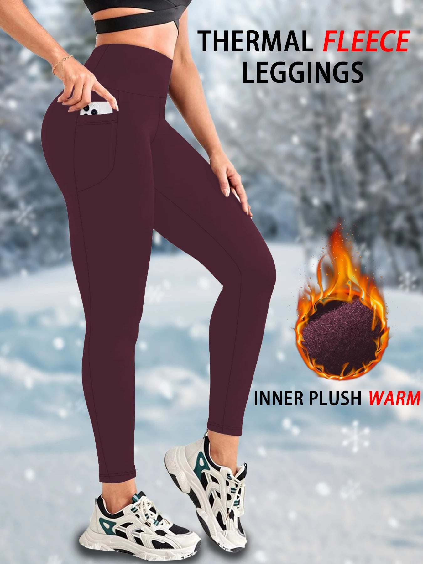 Womens Thermal Fleece Lined High Waisted with pockets Leggings, Workout Winter Warm Thick Tights Soft Yoga Running Pants.
