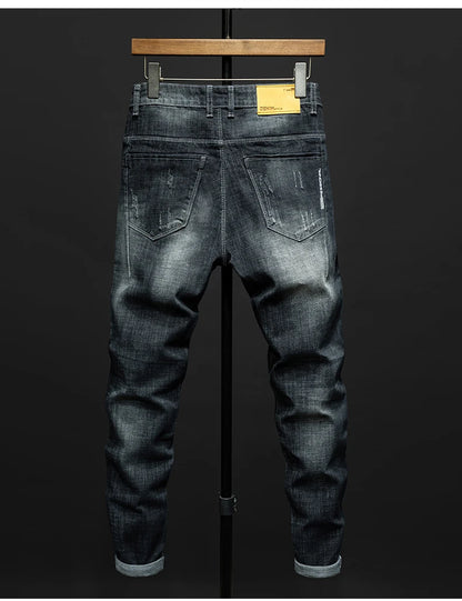Fashion Ripped Men's Slim Straight Stretch Jeans Korean Personality Streetwear Denim Pants Classic Black Hip Hop Male Trousers.