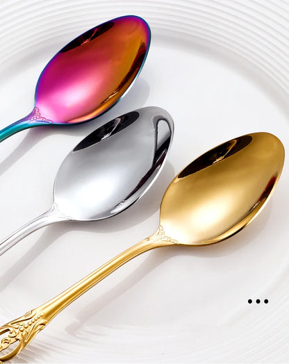 Golden Stainless Steel Cutlery Set Royal European Spoon Fork Complete Tableware Retro Design Dishwasher Safe Elegant Flatware.