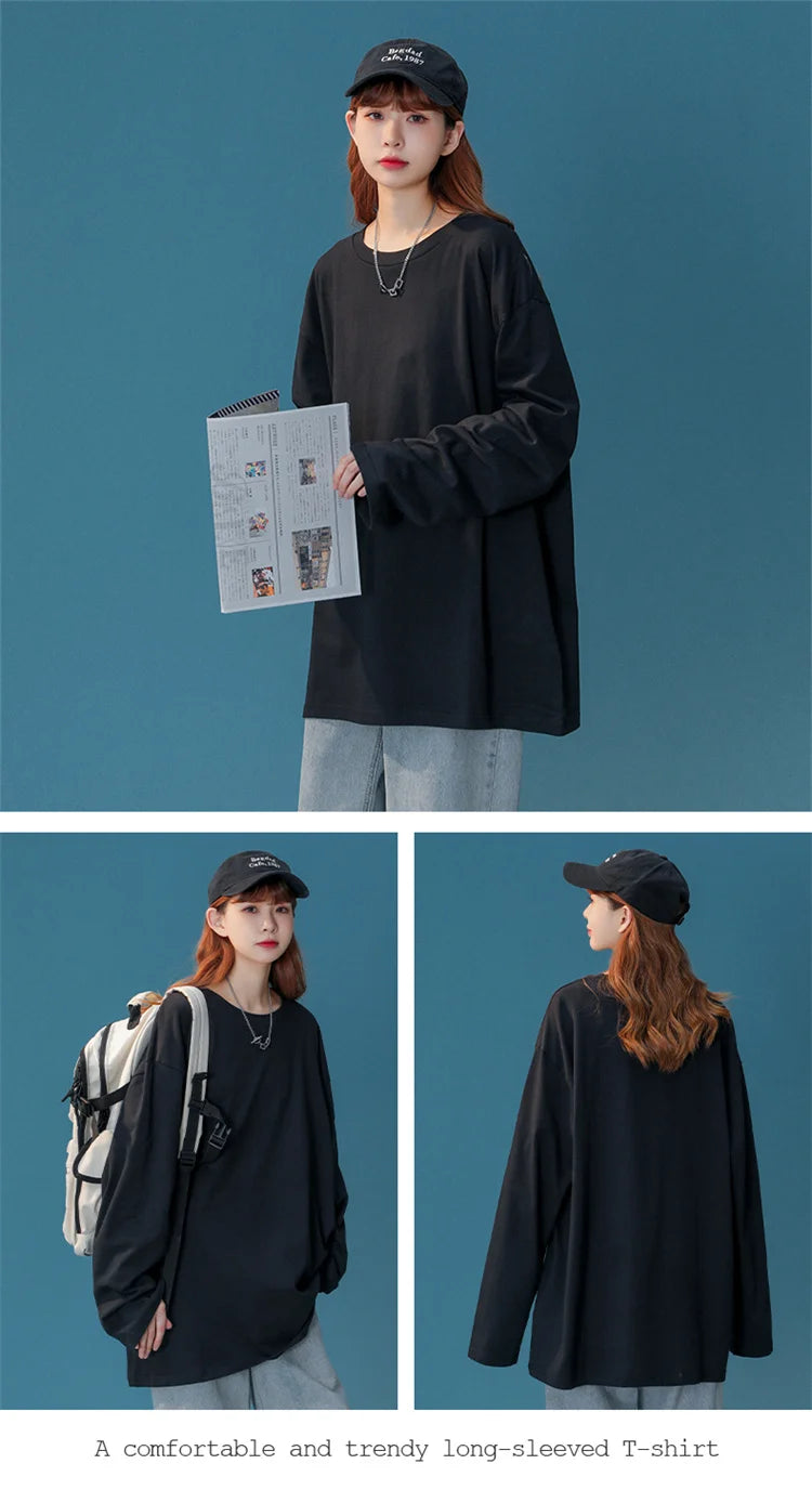 COUTUDI-Oversized T-Shirt for Women, Loose Pullover,Long Sleeve, Casual 100% Cotton Tee Shirt, Lady Tops, Korean Streetwears.