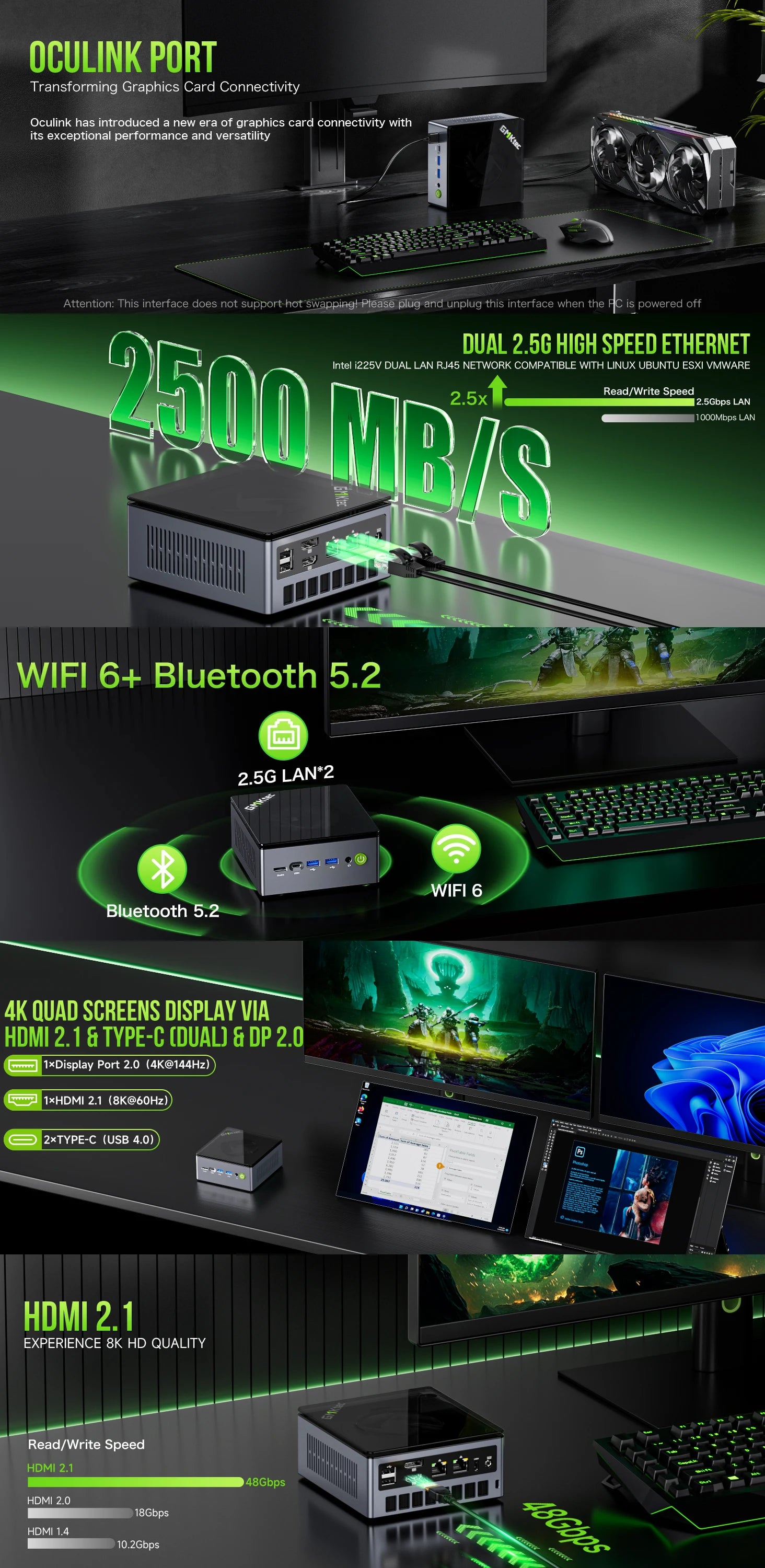 GMKtec Gaming Mini PC K11 K8 Plus M7 AMD Ryzen 9 8945HS 8845HS 6850H Computers PC Oculink WiFi 6 USB3.2 USB-C 4.0 BT5.2 DP HDMI.