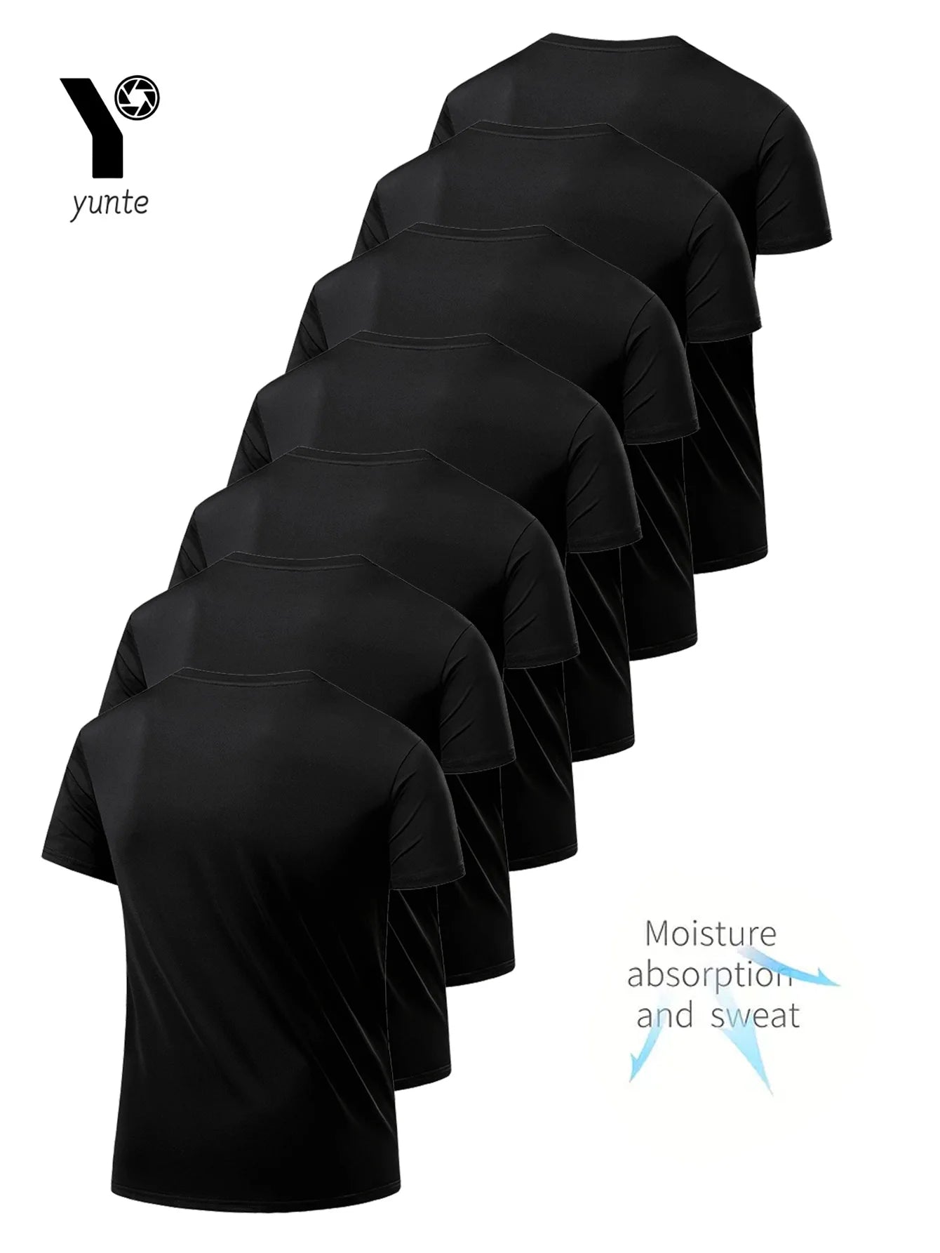 Round Neck T-Shirt 7-Piece Black Ultra-Light Men's Quick-Drying Breathable Sweat-Absorbent Shirt Suitable for Fitness Gym and Ru.