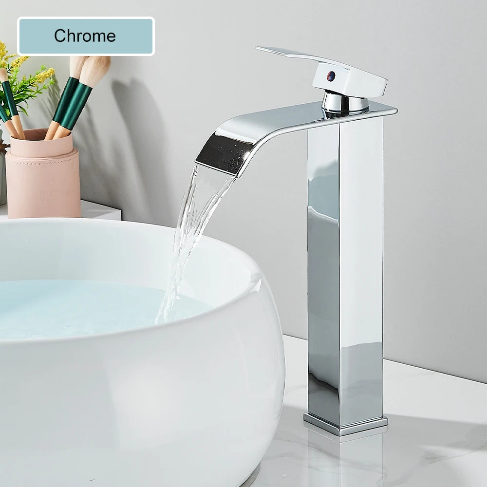 Chrome Bathroom Basin Faucet Waterfall Faucet Single Handle Wide Spout High Style Hot Cold Water Tap  for Bathroom