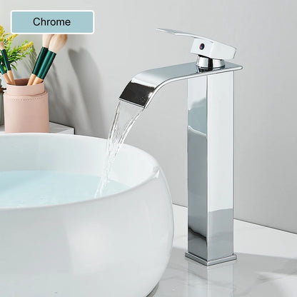 Chrome Bathroom Basin Faucet Waterfall Faucet Single Handle Wide Spout High Style Hot Cold Water Tap  for Bathroom