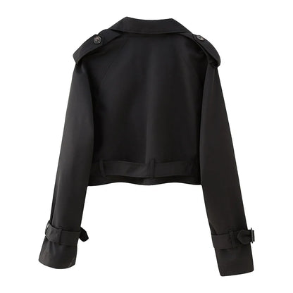Frauen kurze Blazer Jacken Herbst elegante Vintage einfarbige Langarm Zweireiher Trenchcoat mit Gürtel