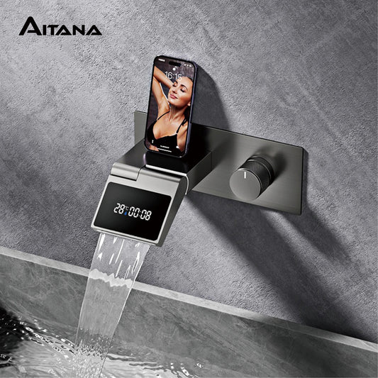 Luxury gun gray brass wall mounted bathroom faucet with LED digital display Single handle hot & cold water embedded bathroom Tap