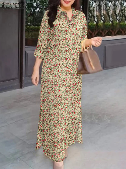 ZANZEA Herbst Sommer Floral Bedruckte Kleider Frauen Maxi Sommerkleid Bohemian Casual 3/4 Hülse Urlaub Vestidos Kaftan Robe Femme