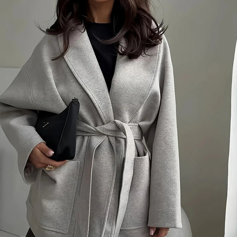 Herbst Winter Dicken Langen Ärmeln Woolen Mantel Einfache Feste Farbe Temperament Spitze Up Jacke frauen Revers Tasche Lose Oberbekleidung.