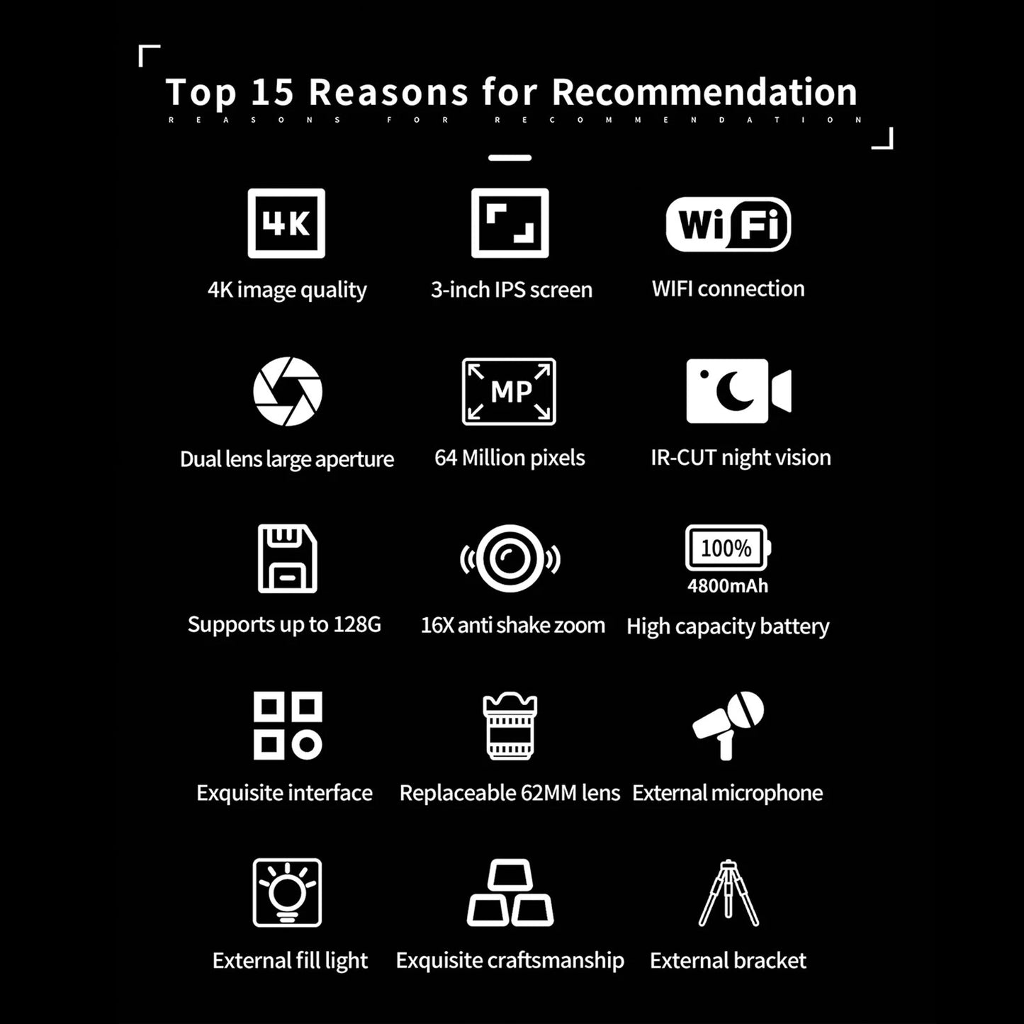 3 Inch IPS Digital Camera 4K 64MP Color Display 16X Digital Zoom HD Vlogging Digital Camera for Photography Video.