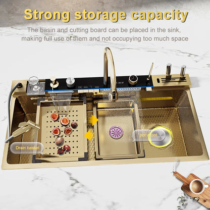 Golden Stainless Steel Waterfall Kitchen Sink Gold Embossed Extra Large Single Slot Digital Display Dishwashing Basin 100x50cm