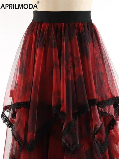 Irregular Hem Lace Cake Mesh Midi Long Skirt High Elastic Waist Ball Gown Harajuku Gothic Cosplay Maxi Skirts Red Party Skater.