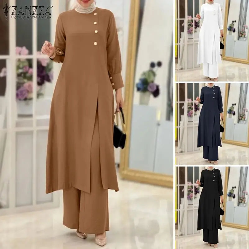 ZANZEA Muslim Abaya Suit Elegant Women Matching Sets Fashion Long Shirt Tops & Wide Leg Pants Ramadan Outfits Urban Tracksuits.