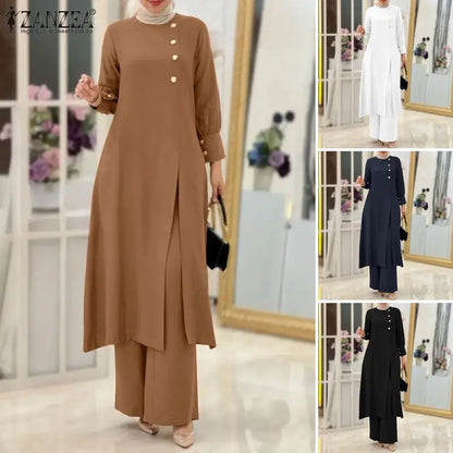 ZANZEA Muslim Abaya Suit Elegant Women Matching Sets Fashion Long Shirt Tops & Wide Leg Pants Ramadan Outfits Urban Tracksuits.