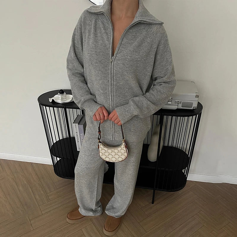 Tornova Zipper Strickjacke Pullover Anzug Weibliche Gestrickte Langarm Casual Mantel Breitbeinig Hosen Pullover frauen Zwei Stück Set