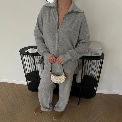 Tornova Zipper Strickjacke Pullover Anzug Weibliche Gestrickte Langarm Casual Mantel Breitbeinig Hosen Pullover frauen Zwei Stück Set