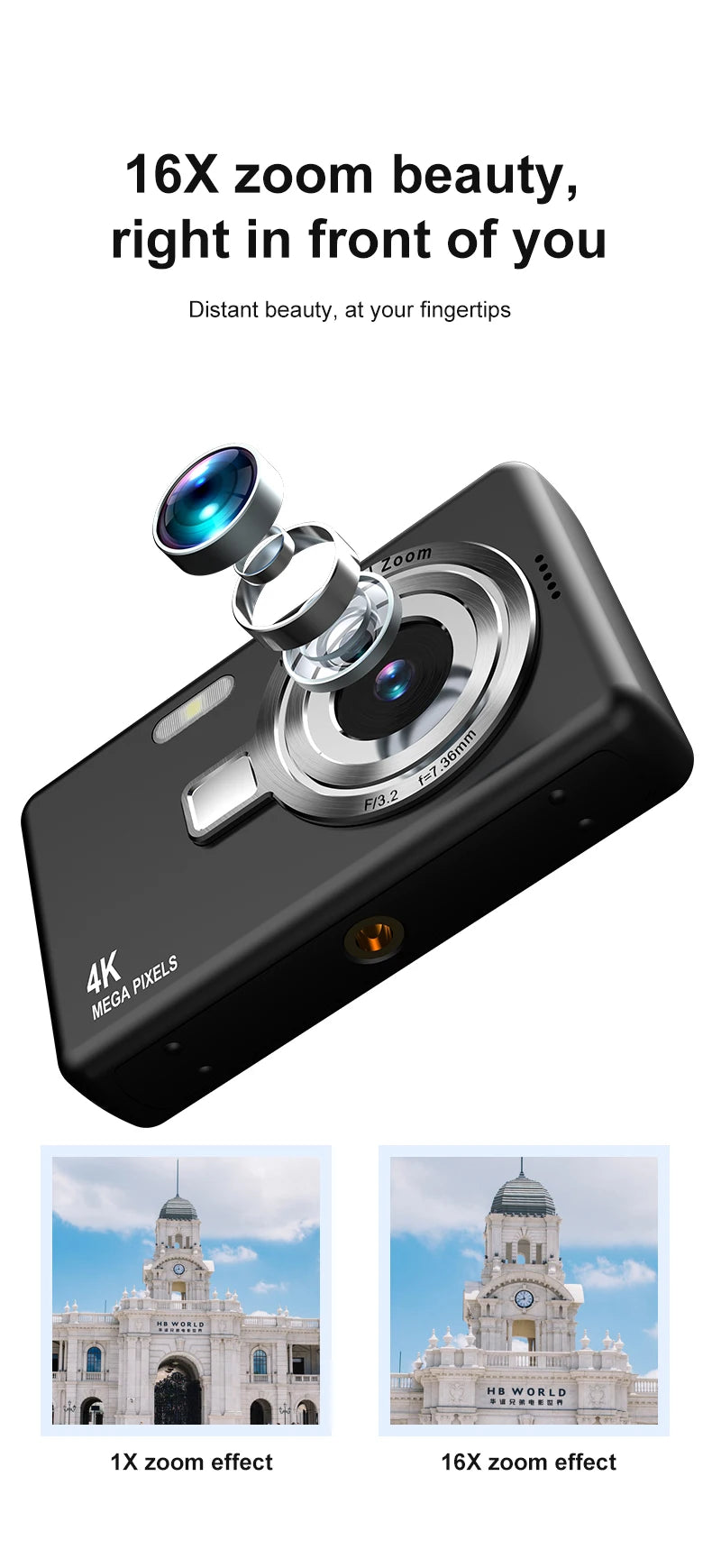 High Definition 6800W4K Pixel Digital Camera Video Recording Beauty Camera Student Camera CCD 16x Zoom with Wifi Compact.