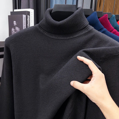 Autumn Mens High Quality Knitted Turtleneck Sweater Slim Fit Long Sleeve Anti-pilling Pullover Solid Color Trend Men Streetwea.