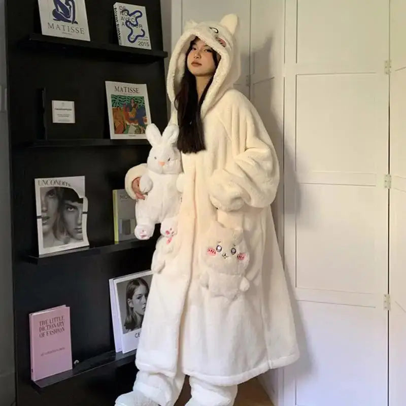 Kawaii Chiikawas Pajamas Coral Velvet Home Wear Long Length Nightgown Thick Cardigan Pant Cartoon Cute Girl Casual Home Clothing.