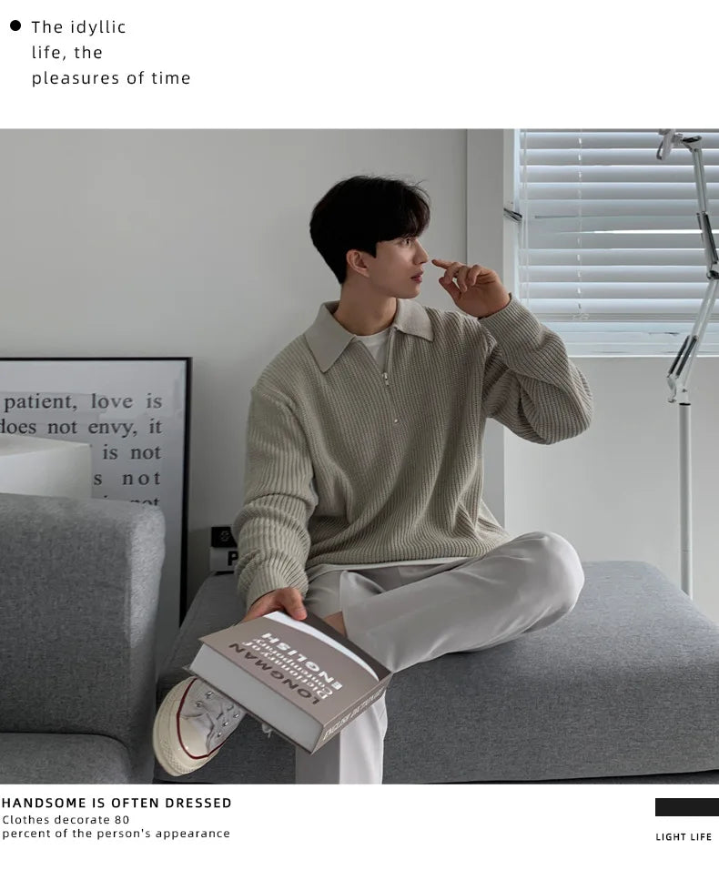 Half Zipper Sweater Men's Autumn and Winter Japanese Retro Korean Lapel Sweater Loose Casual Thread Trend.