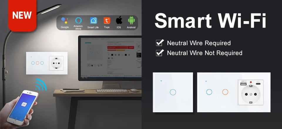 SRAN Smart Switch mit Wandsteckdose 16A EU, Tuya Smart Life Home Touch Sensor WiFi Lichtschalter Weiß.