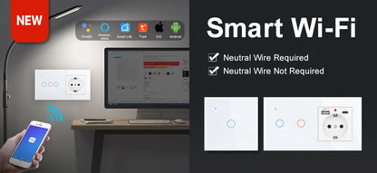 SRAN Smart Switch mit Wandsteckdose 16A EU, Tuya Smart Life Home Touch Sensor WiFi Lichtschalter Weiß.