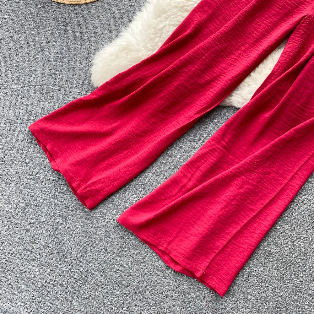 2024 Summer Green/Black/Red Two Piece Set Women Sexy Slash Neck Short Tops + High Waist Wide Leg Pants Female Suit New.