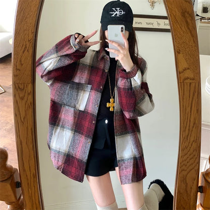 Zjaiss Women Thick Woolen Plaid Blouse Loose Long Sleeved Tops 2025 Autumn Winter New Casual Shirt Long Shirts.