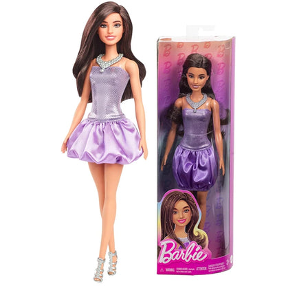 Genuine Barbie 1/6 Doll Fashionistas Model Brown Hair Sequined Purple Bubble Dress Accessory with Necklace Shoes Girls Toys Gift.