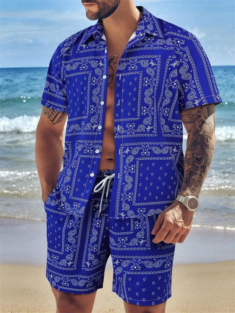 A Comfortable Summer Men's Suit Featuring Short-sleeved Shirts And Loose Shorts, A Two-piece Outdoor Fashion Set.