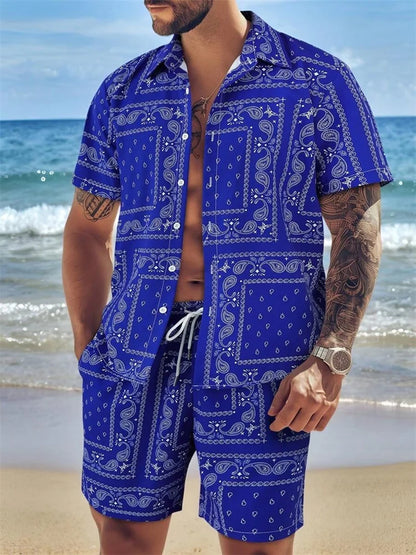 A Comfortable Summer Men's Suit Featuring Short-sleeved Shirts And Loose Shorts, A Two-piece Outdoor Fashion Set.