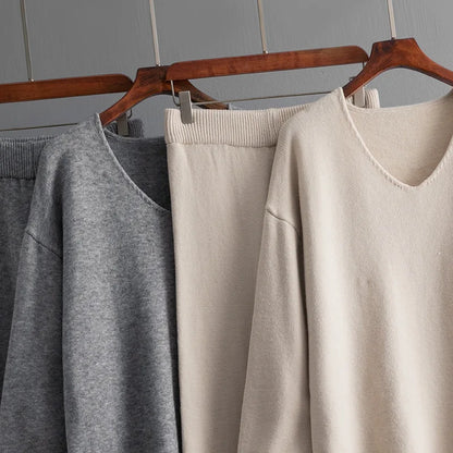 Autumn Winter New Fashion Women’s Solid Color Casual Trendy Loose 2 Piece Sets V-neck Long Sleeve T-shirts Wide Leg Trousers.