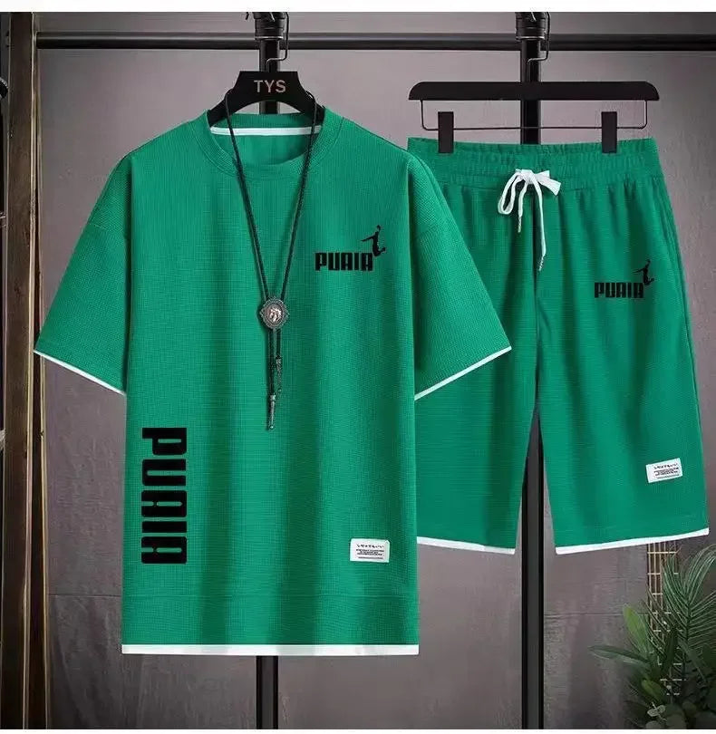 Summer 2025 Men's breathable fitness set, round-neck sports short-sleeved T-shirt + casual running shorts, 2-piece set, M-3XL.