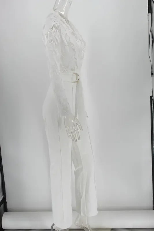 White Lace Jumpsuit Women Sexy V Neck Lace-up Stitching Long Sleeve Wide Leg Long Pants Office Lady Romper Overalls Jumpsuits.