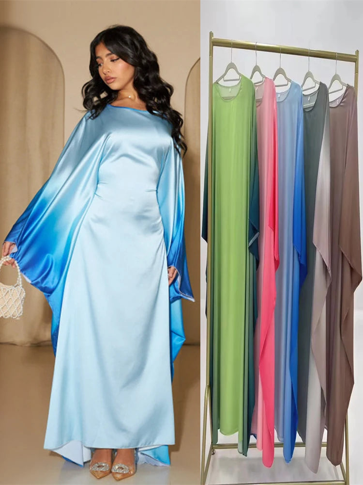 Gradient Color Shiny Batwing Satin Maxi Abaya Dubai Luxury 2024 Abayas For Women Muslim Kaftan Dress Islam Caftan Marocain Femme.