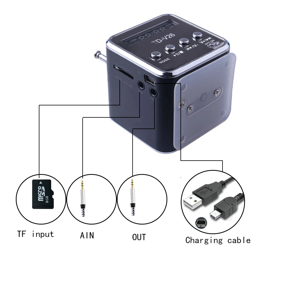TD-V26 Speaker Mini FM Radio Receiver MP3 Music Player LCD soundbar Micro SD TF Music Stereo Loudspeaker for Laptop.