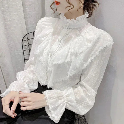 Long Sleeve Loose Spring Fashion Button White Shirt Elegant Stand Collar Pleated Tops Casual Ruffle Lace Blouse Blusas 15832.
