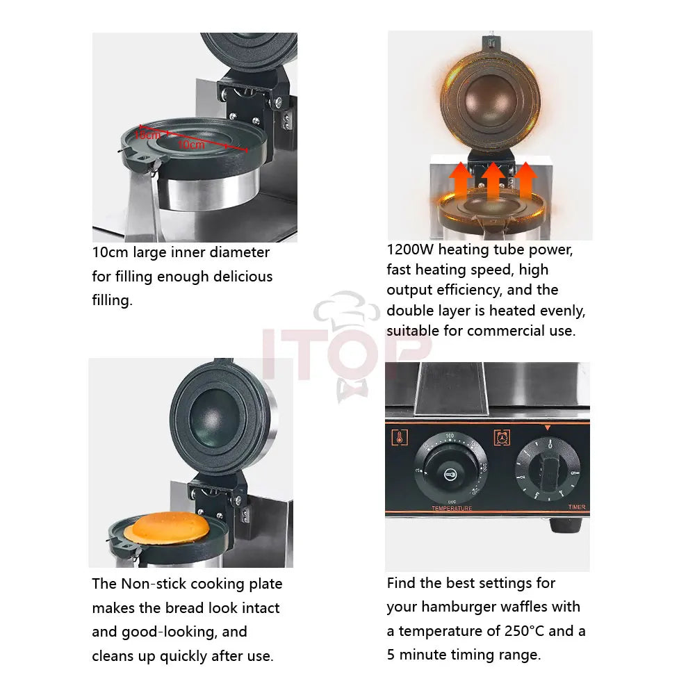 ITOP Gelato Panini Press Machine Commercial Ice Cream Waffle Maker Krapfen Bread Hamburger Filling Machine 10cm 1200W 110V 220V.