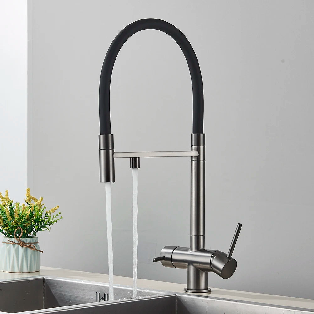 Gray Filtered Kitchen Faucet Dual Spout Hot Cold Mixer Purification Water Crane Filter Water Faucet Deck Mount