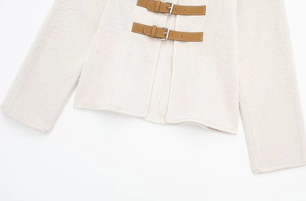 Women Fashion With Belt Woolen Jacket Coat V Neck Long Sleeve Female Outerwear Chic Tops.