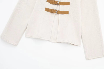 Women Fashion With Belt Woolen Jacket Coat V Neck Long Sleeve Female Outerwear Chic Tops.