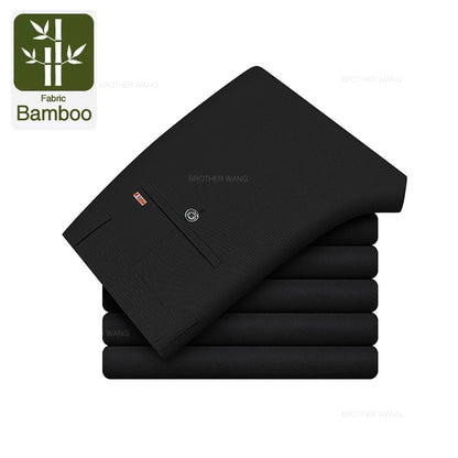 Bamboo Fiber Fabric Men's Casual Pants Summer New Ultra-thin Elastic Soft Straight Business Trousers Classic Black Khaki Gray