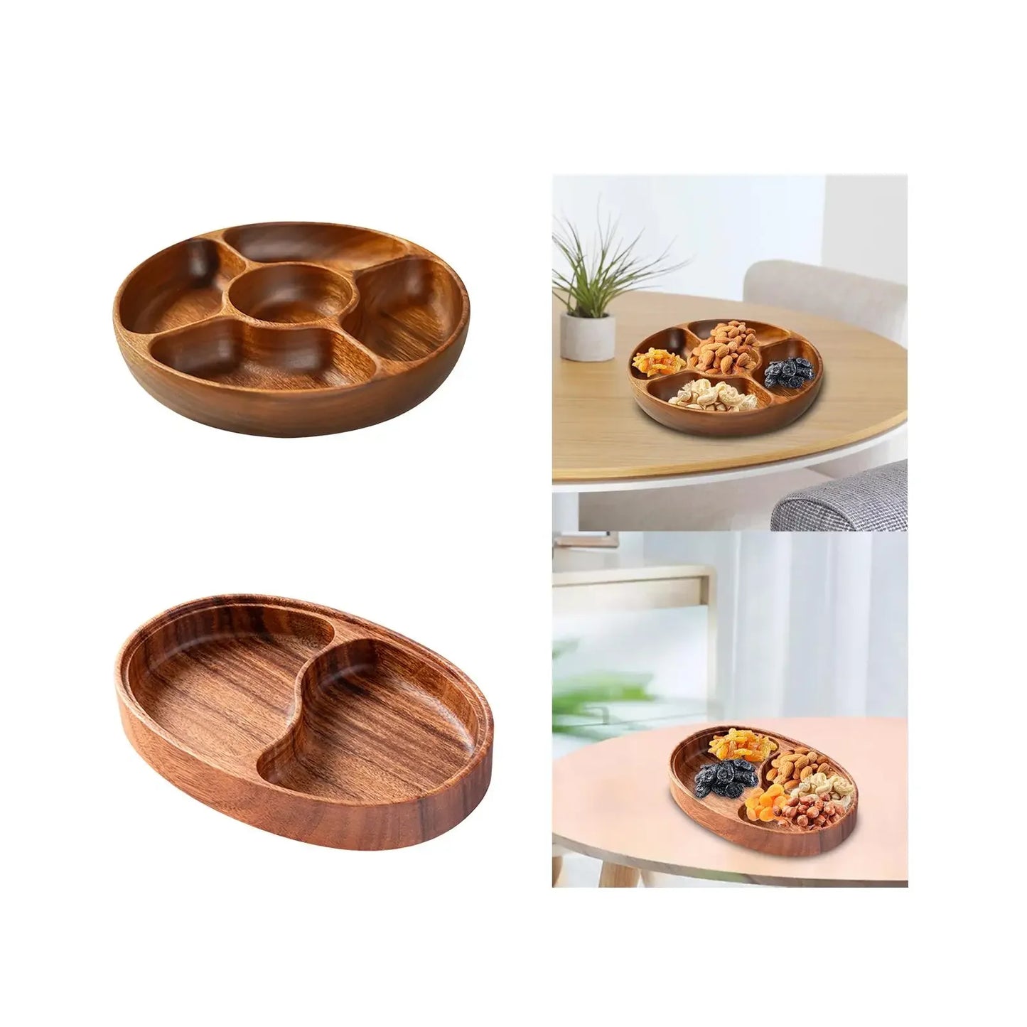 Divided Serving Tray Snack Tray Candy Bowl Fruit Plate Appetizer Platter Wood for Farmhouse Kitchen Nut Bread Dining Room.