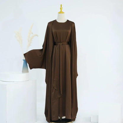 Two Piece Arabic Outfit Set for Muslim Women Elegant Modest Abaya Dress with Inner Ramadan Islamic Coat New Turkish Kaftan Robe