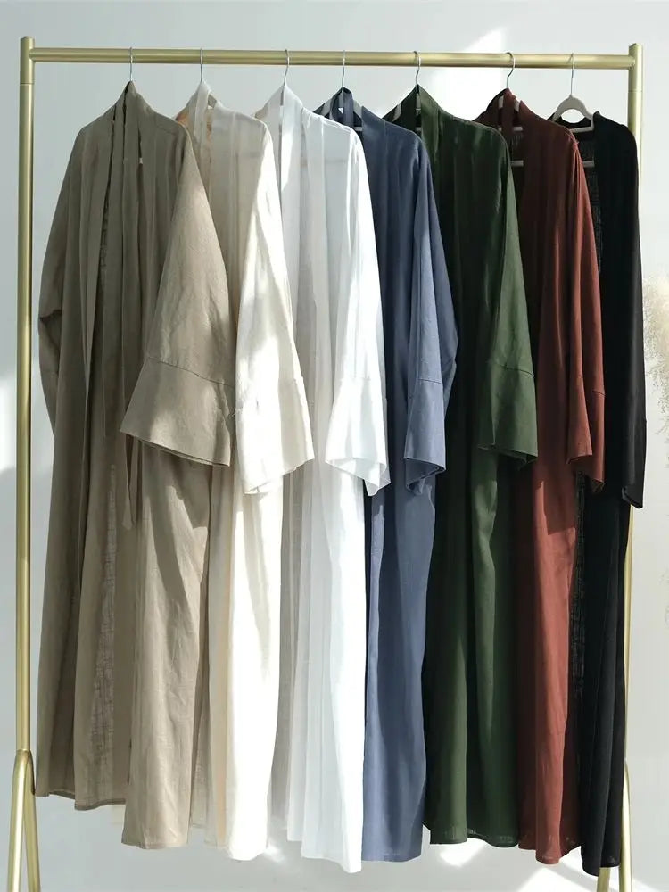 Eid Summer Cotton Linen Kimono Coat Dubai Open Abaya 2024 Muslim for Women Set Retro Kaftan Modest Dresses Islam Clothing Kebaya.