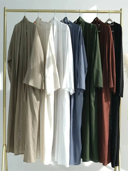 Eid Summer Cotton Linen Kimono Coat Dubai Open Abaya 2024 Muslim for Women Set Retro Kaftan Modest Dresses Islam Clothing Kebaya.